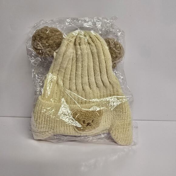 Winter Bear Baby or Toddler Beanie with Ear Flaps & Pom Pom Bear Ears, Beige - Picture 1 of 2